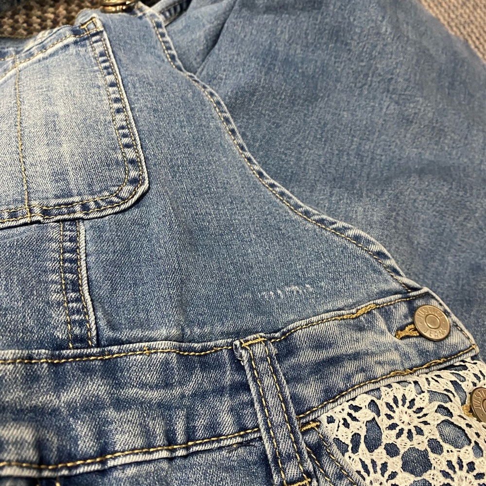 Justice lace embellished overalls. Size 18 MidRise Super Skinny. Distressed/lace - Picture 11 of 11